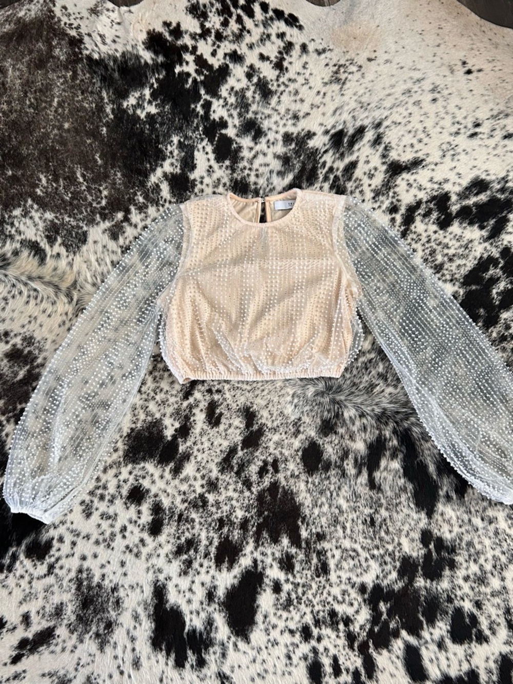 Embellished Cream Crop Top with Sheer Beaded Sleeves